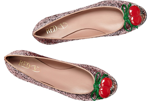 RED Valentino | Cherry-appliqué glitter-finish ballet flats