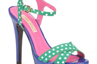 green polka dot platform sandals with blue platform