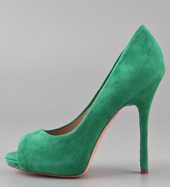 Green suede peep toe shoes