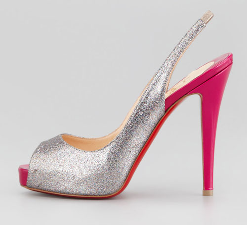 silver glitter slingback with red high heel
